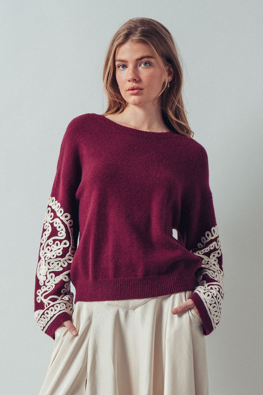 embroidered sleeve knit sweater - burgundy ivory