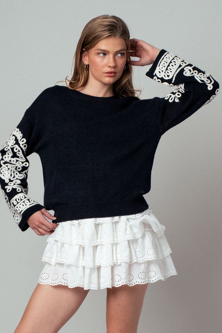 embroidered sleeve knit sweater - black ivory (additional view)