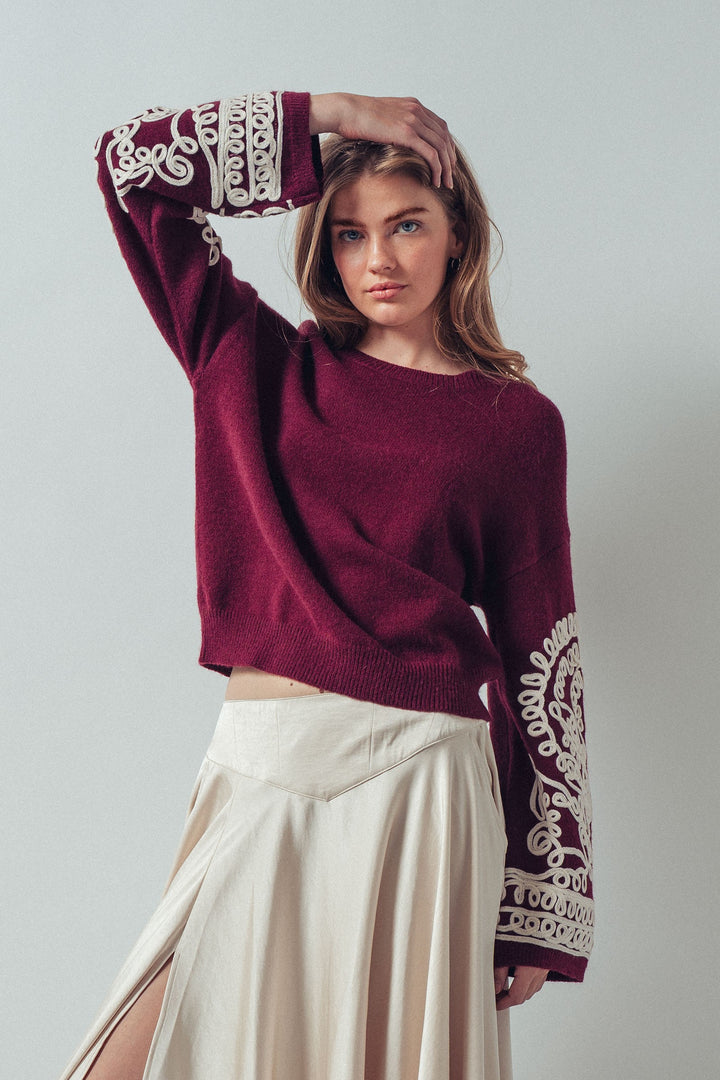 embroidered sleeve knit sweater - burgundy ivory (additional view)