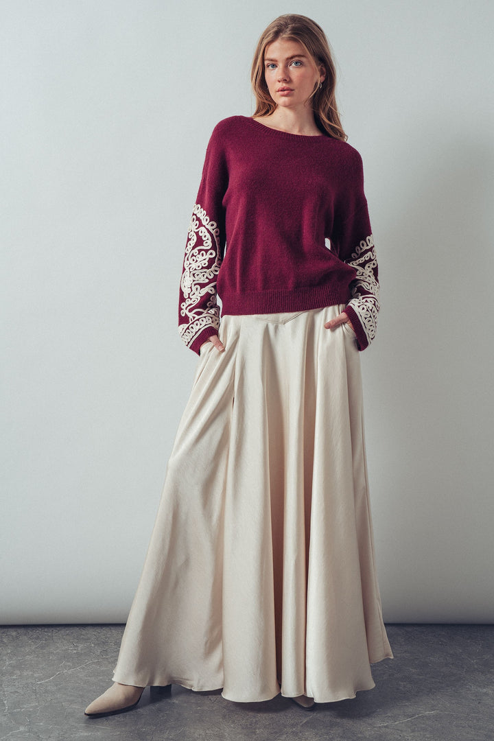embroidered sleeve knit sweater - burgundy ivory (additional view)