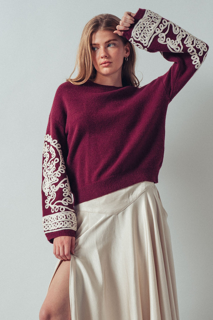 embroidered sleeve knit sweater - burgundy ivory (additional view)