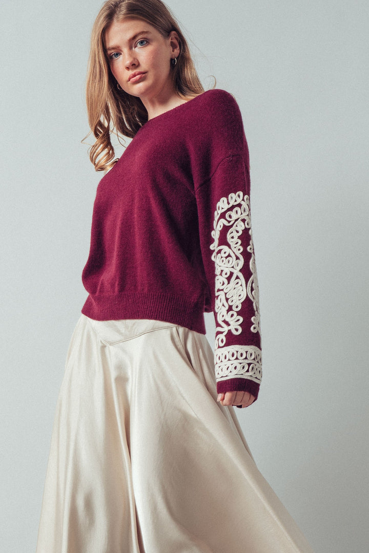 embroidered sleeve knit sweater - burgundy ivory (additional view)