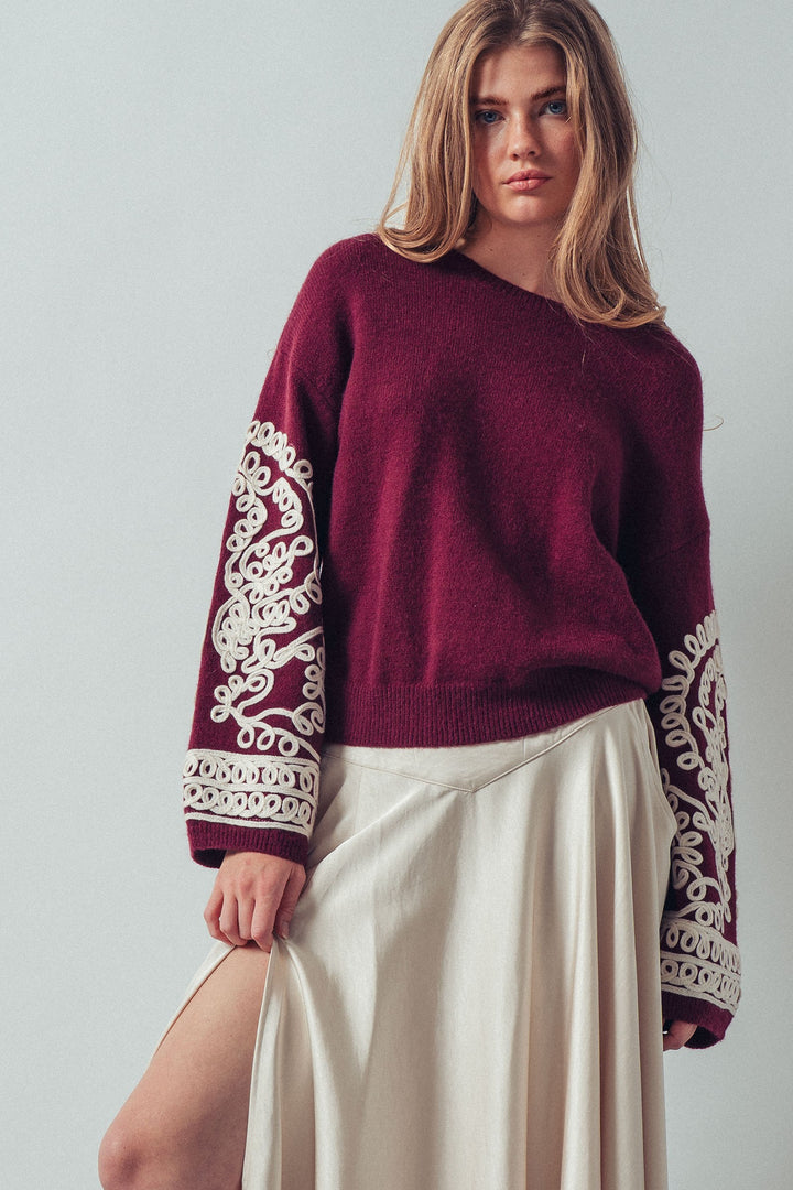 embroidered sleeve knit sweater - burgundy ivory (additional view)