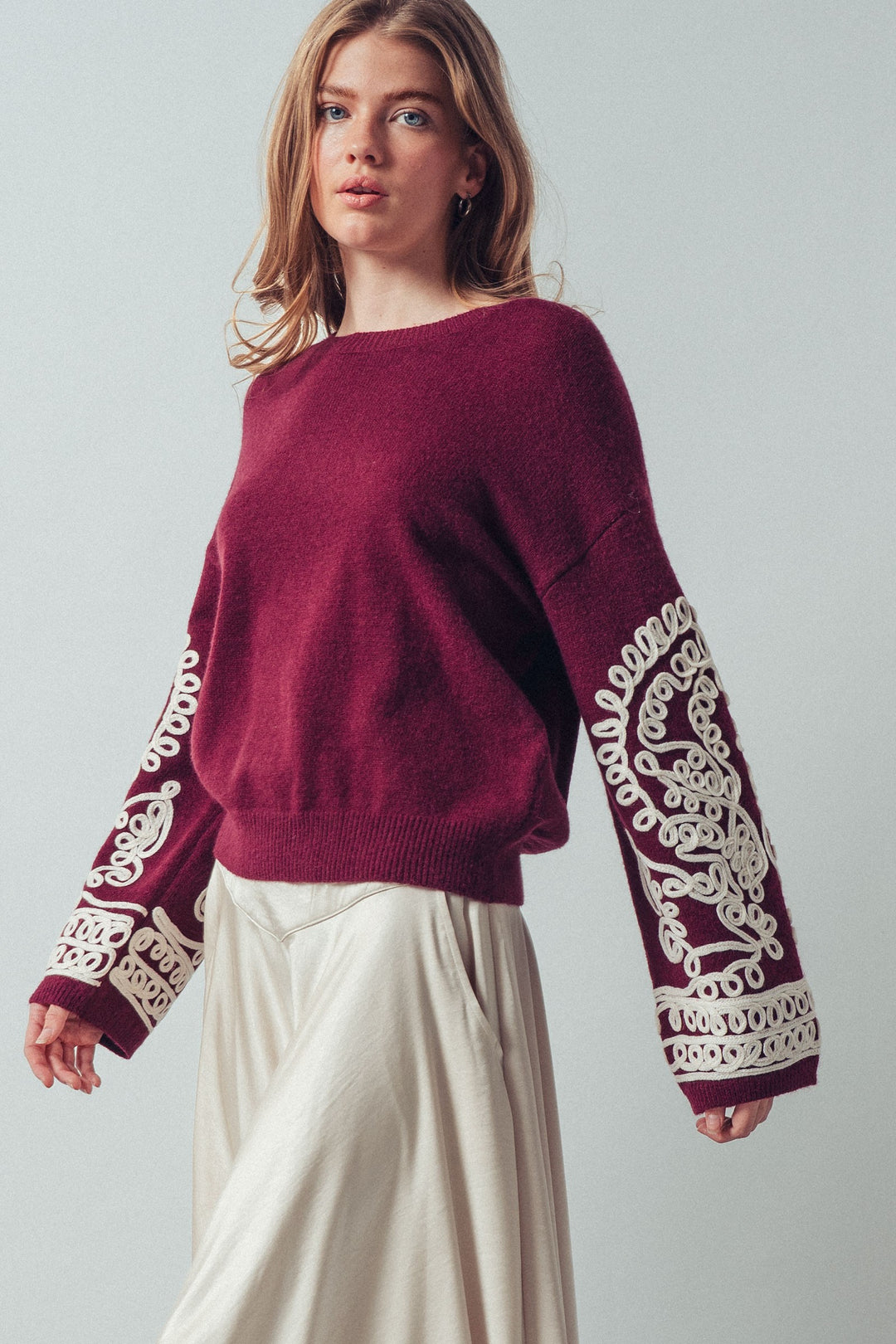 embroidered sleeve knit sweater - burgundy ivory (additional view)