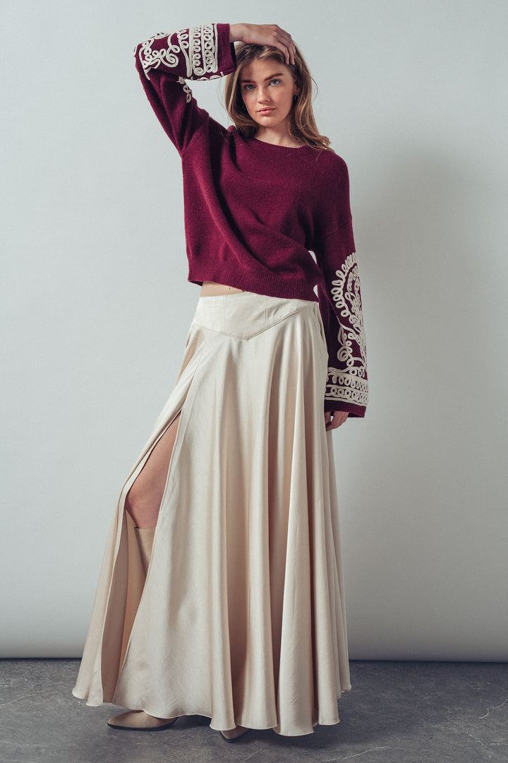 embroidered sleeve knit sweater - burgundy ivory (additional view)