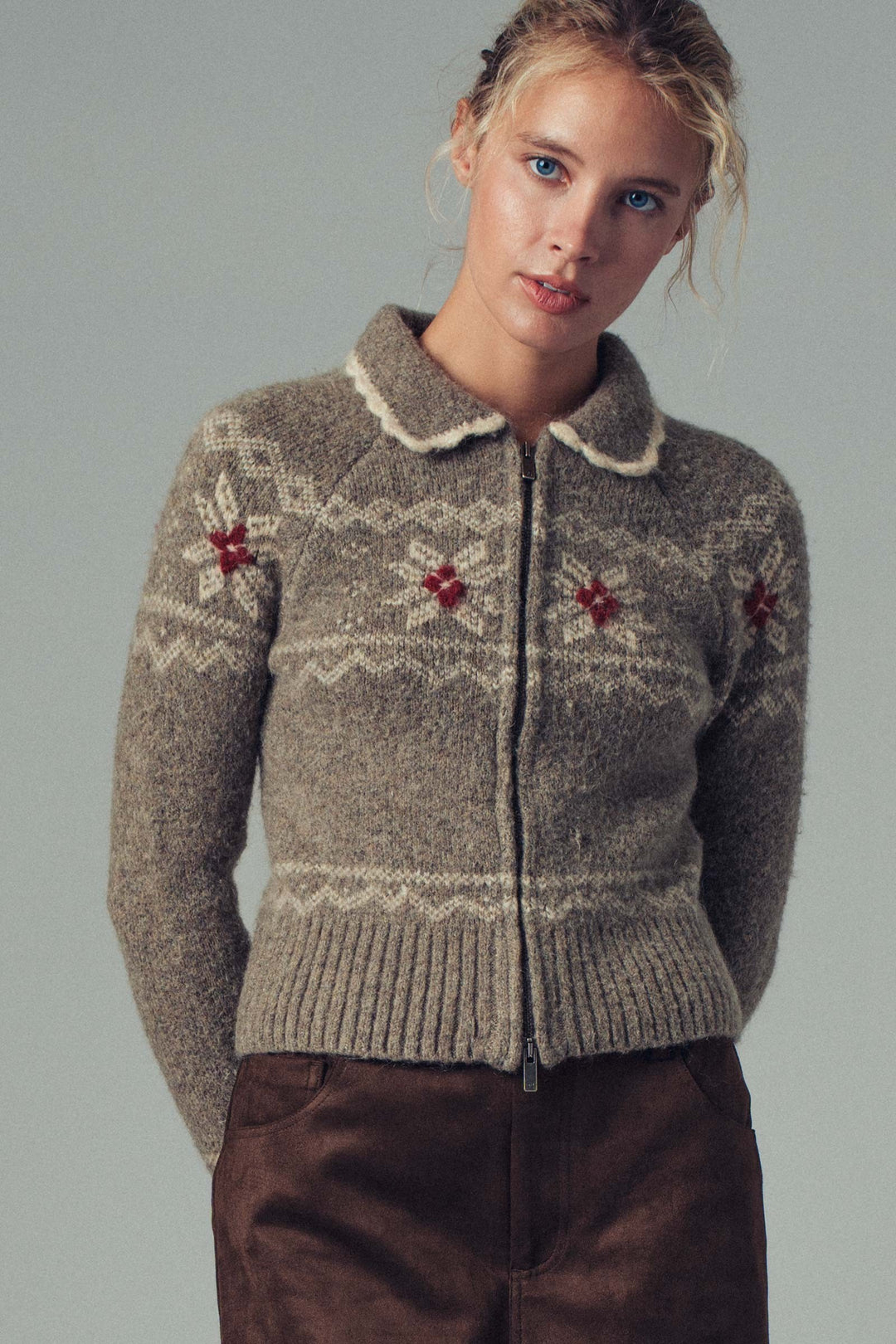 fair isle wool blend sweater cardigan with collar - mocha