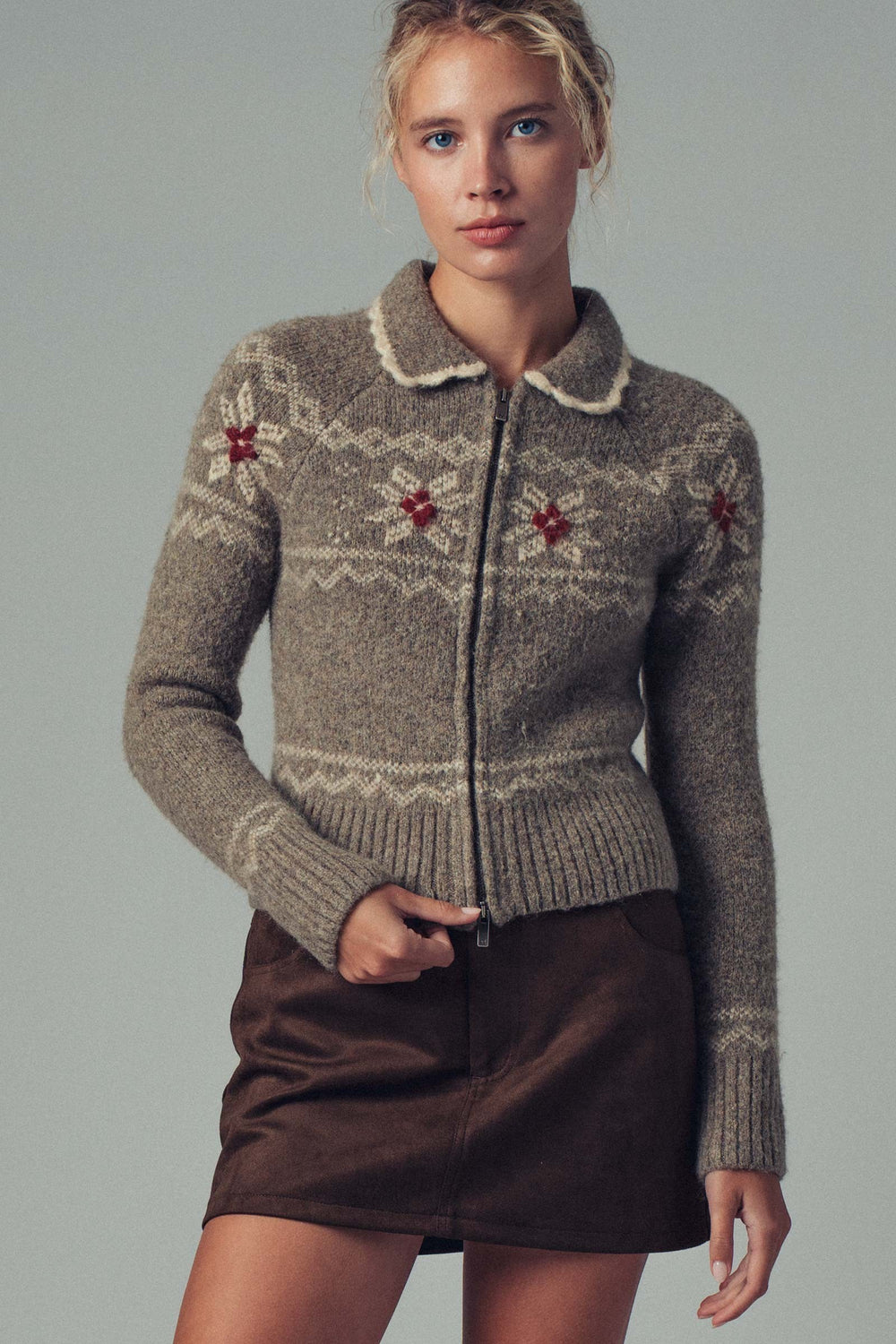 fair isle wool blend sweater cardigan with collar - mocha (additional view)