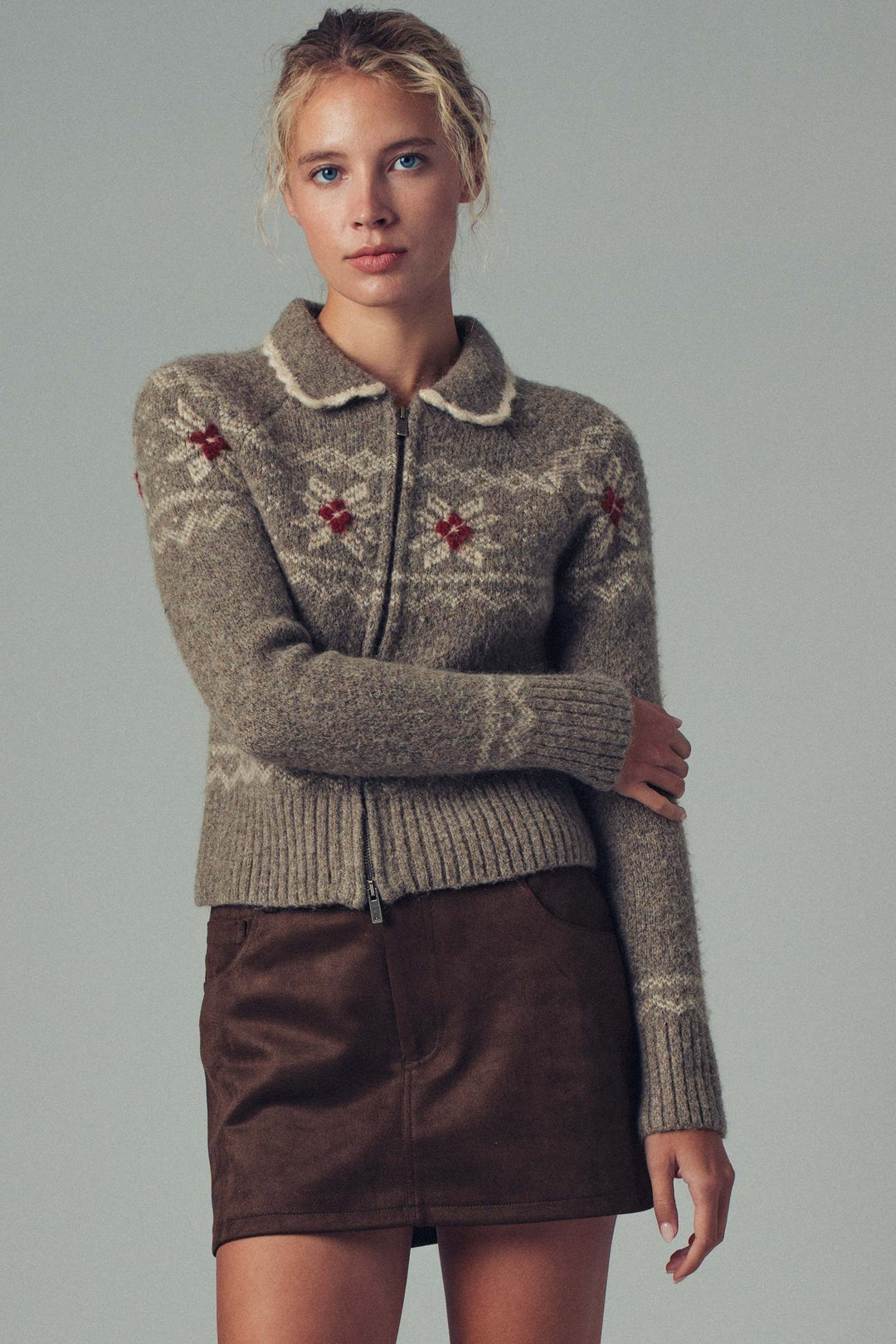 fair isle wool blend sweater cardigan with collar - mocha (additional view)