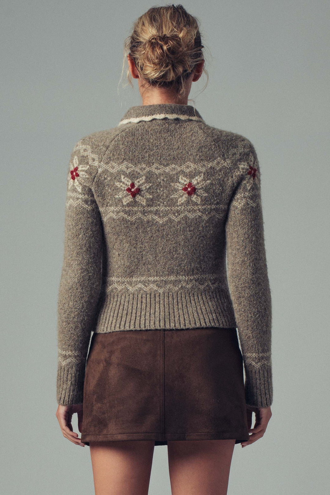 fair isle wool blend sweater cardigan with collar - mocha (additional view)