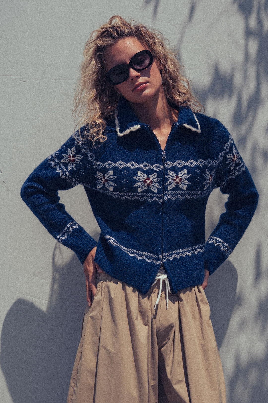 fair isle wool blend sweater cardigan with collar - navy (additional view)