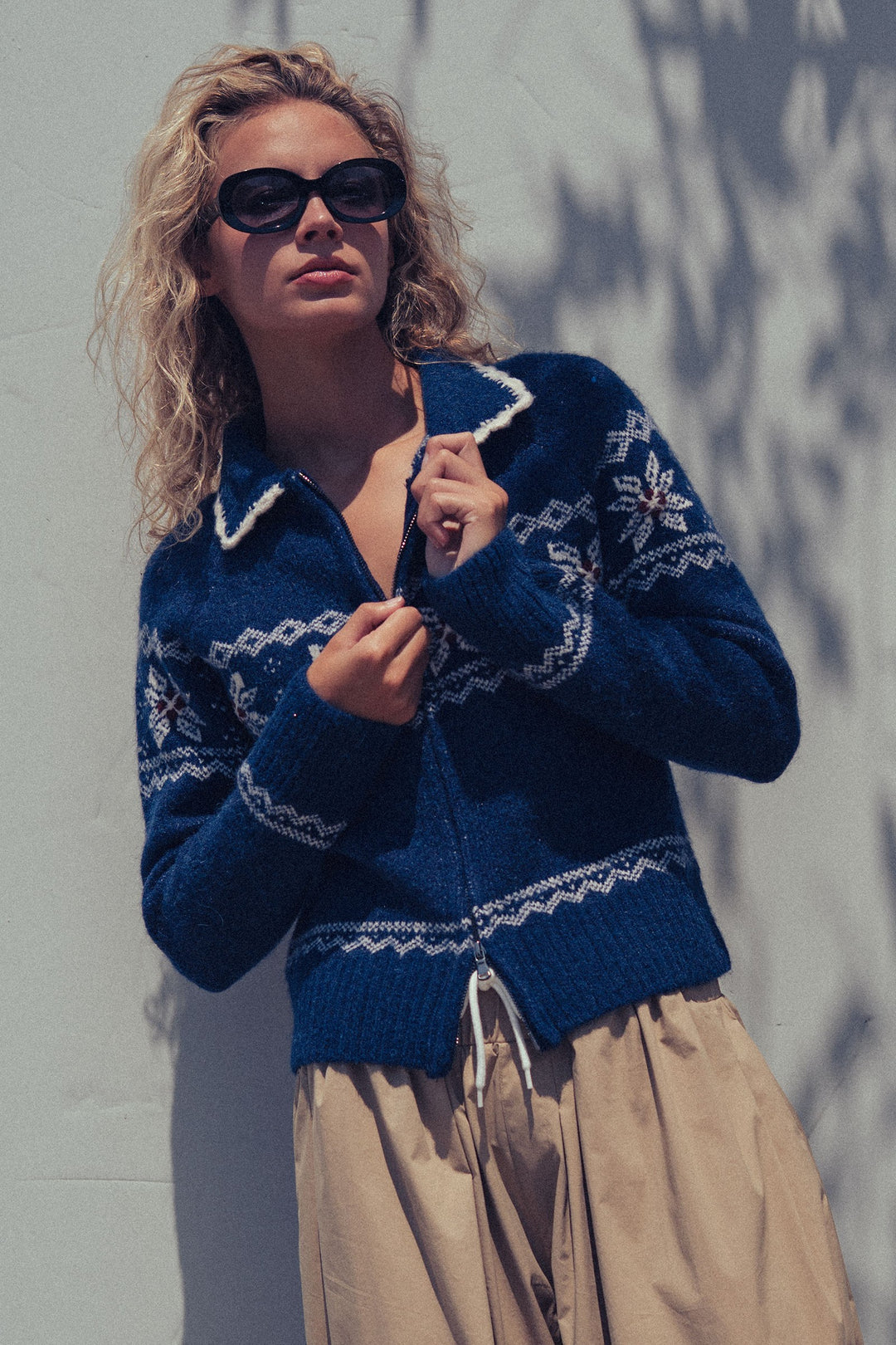 fair isle wool blend sweater cardigan with collar - navy (additional view)