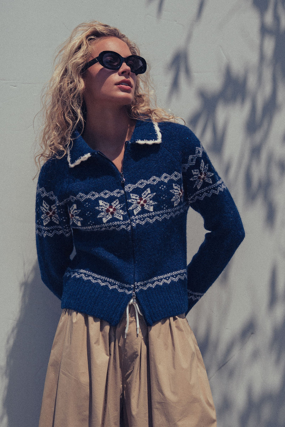 fair isle wool blend sweater cardigan with collar - navy (additional view)
