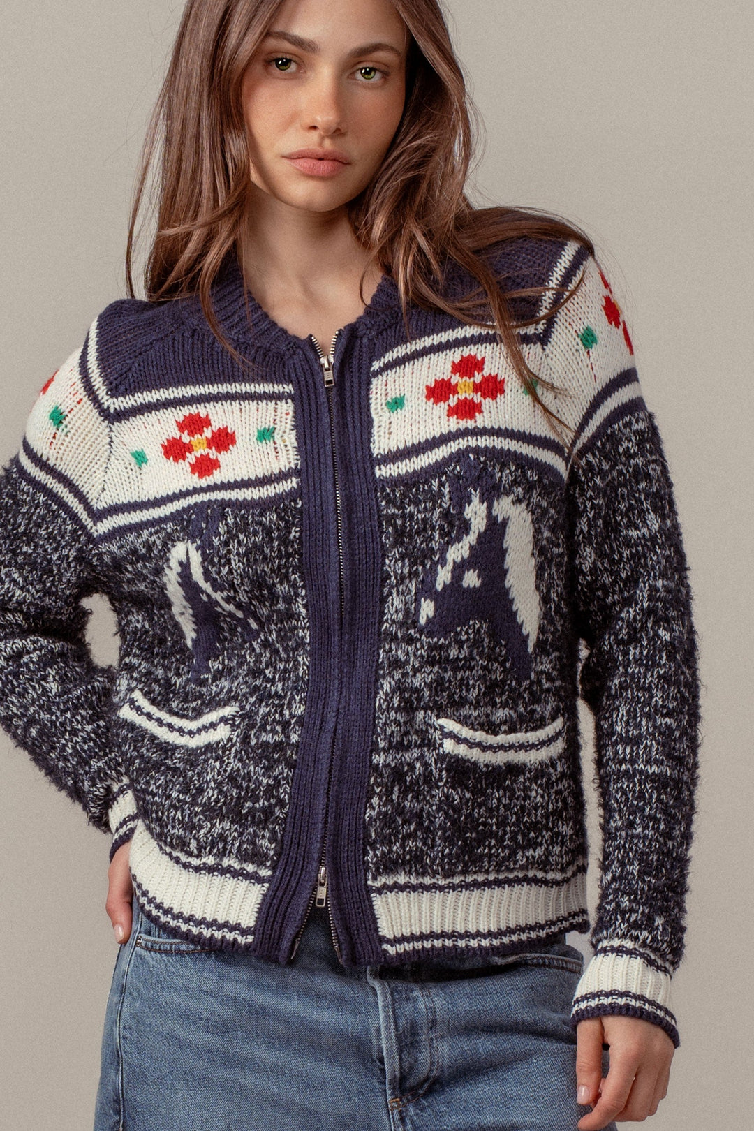 Fair Isle Wool Blend Floral Zip Up Knit Sweater