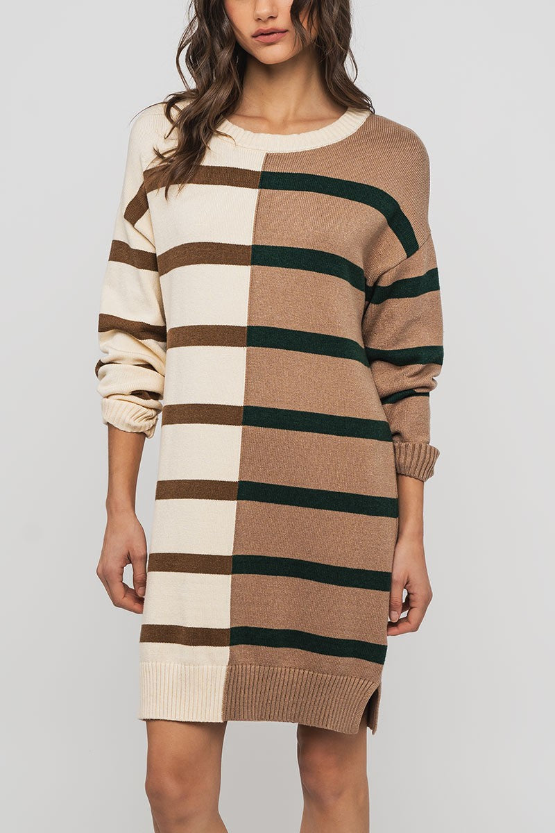 striped boho sweater dress with western vibes - cream multi