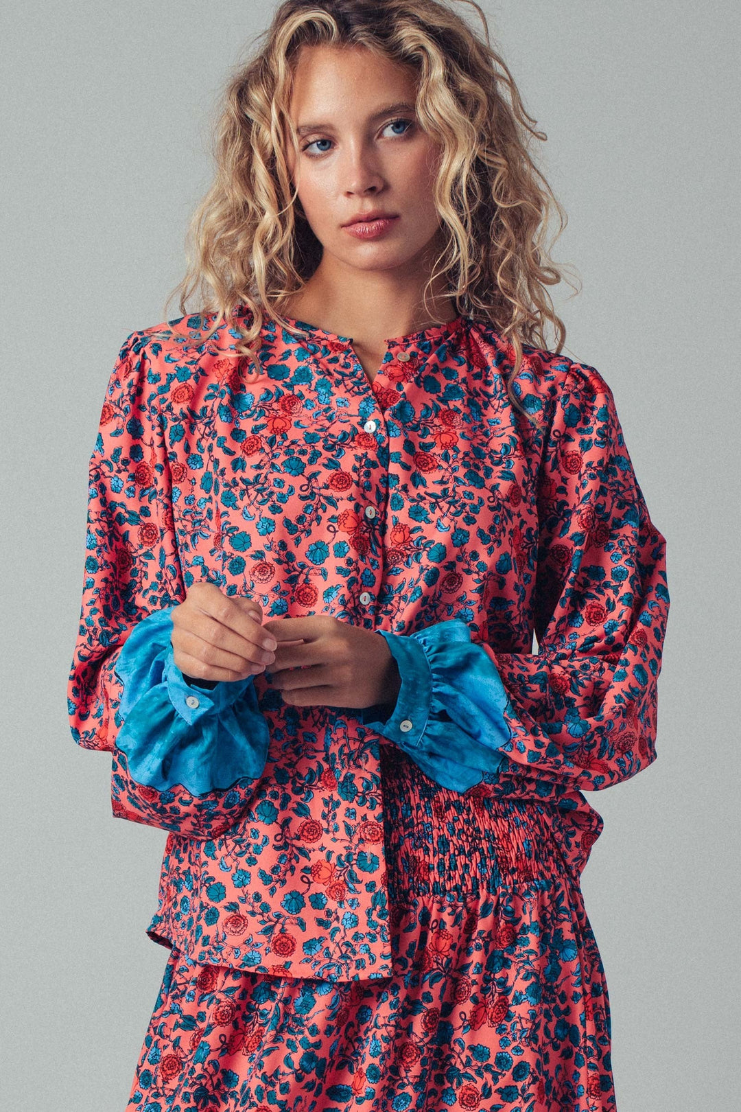 Boho Floral Button Blouse With Blue Cuffs Detail