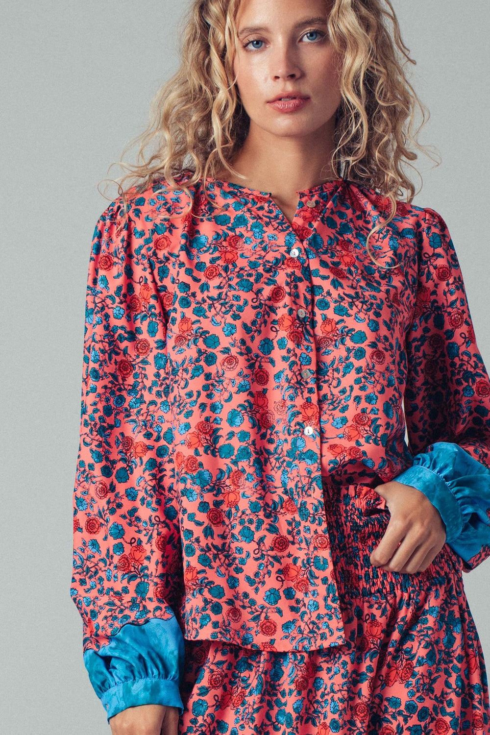 Boho Floral Button Blouse With Blue Cuffs Detail, additional view