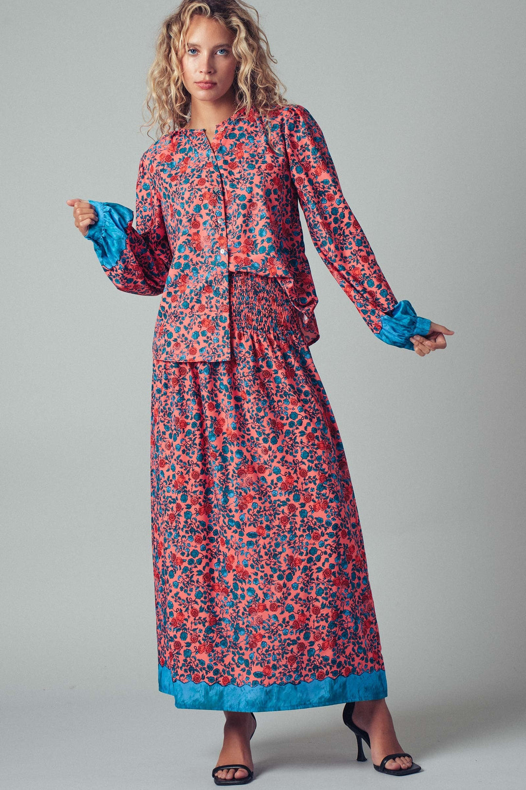 Boho Floral Button Blouse With Blue Cuffs Detail, additional view