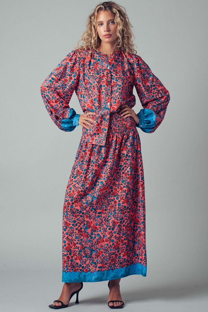 Boho Floral Button Blouse With Blue Cuffs Detail, additional view