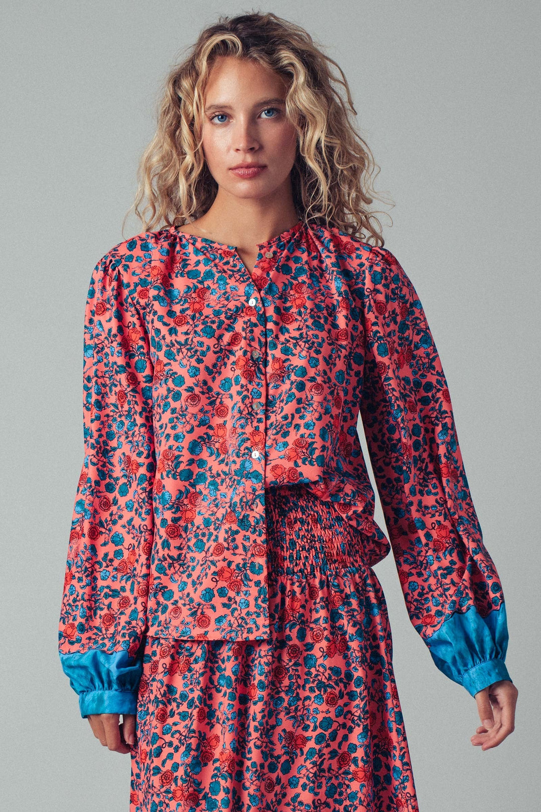 Boho Floral Button Blouse With Blue Cuffs Detail, additional view