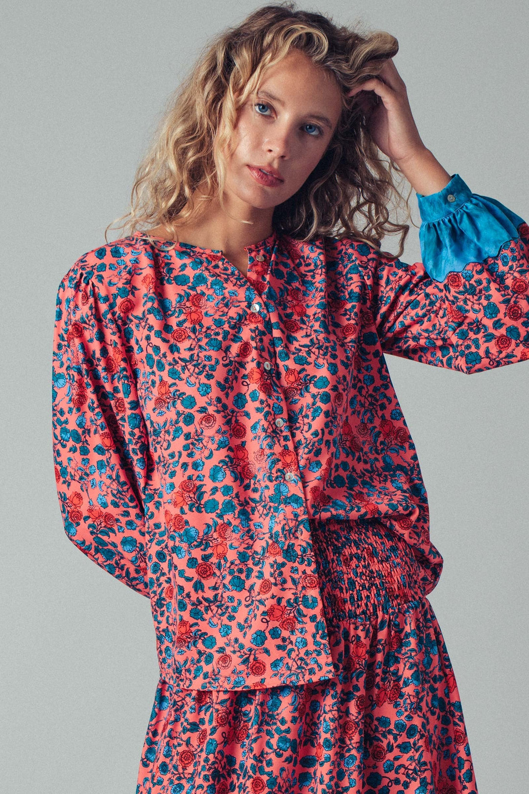 Boho Floral Button Blouse With Blue Cuffs Detail, additional view