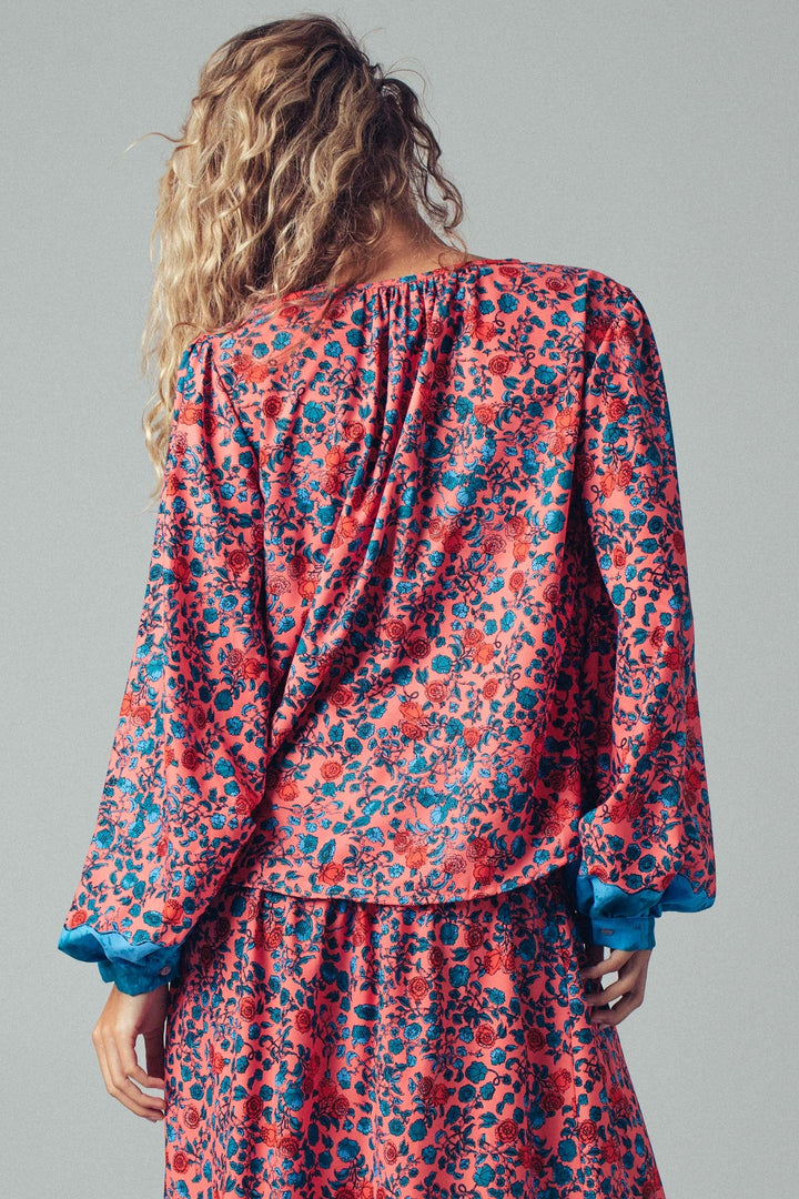 Boho Floral Button Blouse With Blue Cuffs Detail, additional view