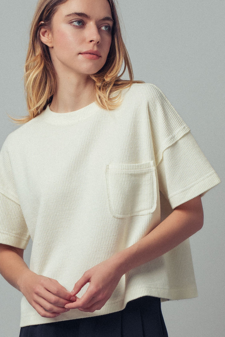 ribbed washed pocket crop tee - cream (additional view)