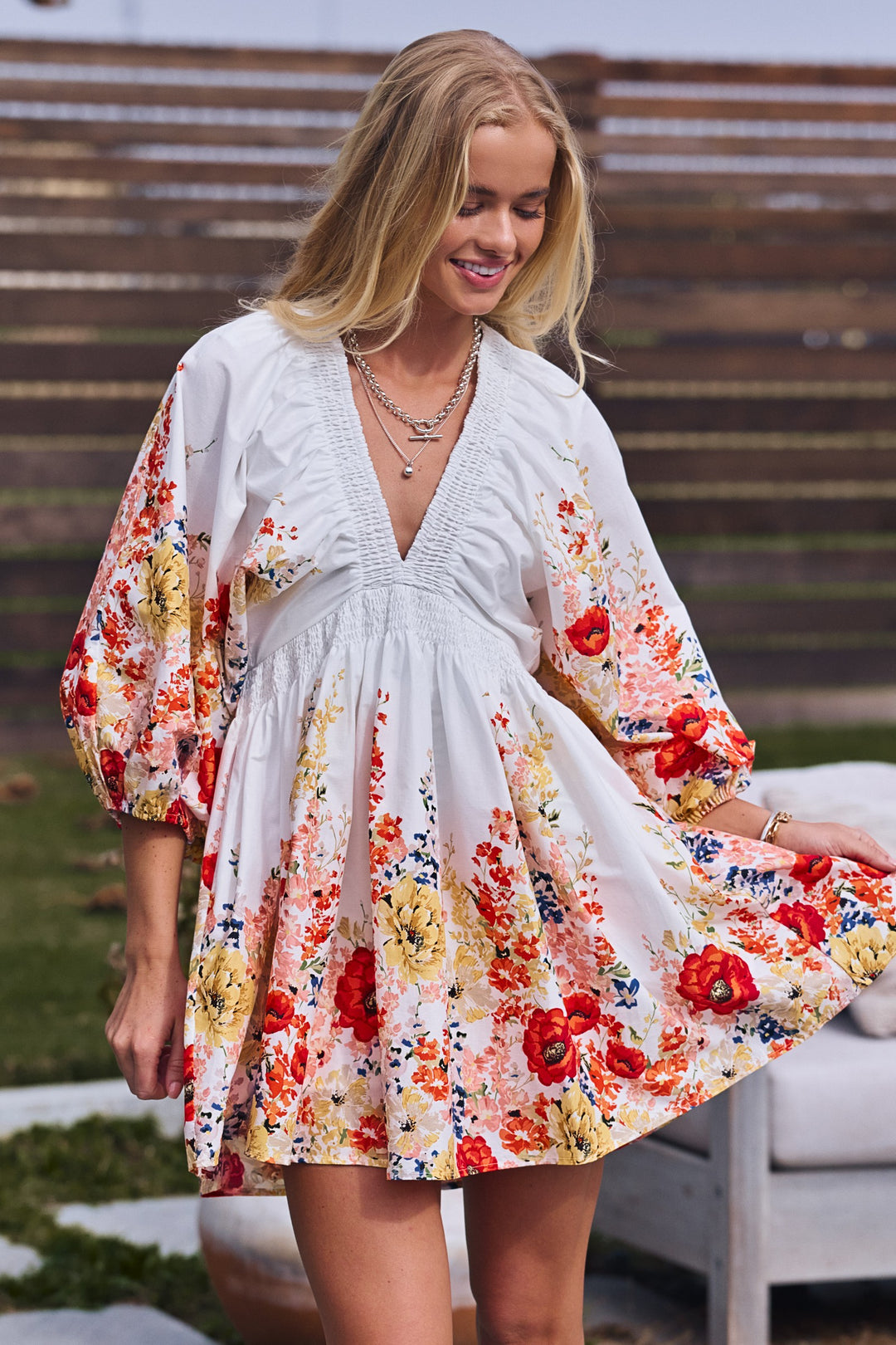 smocked swing dress - ivory multi