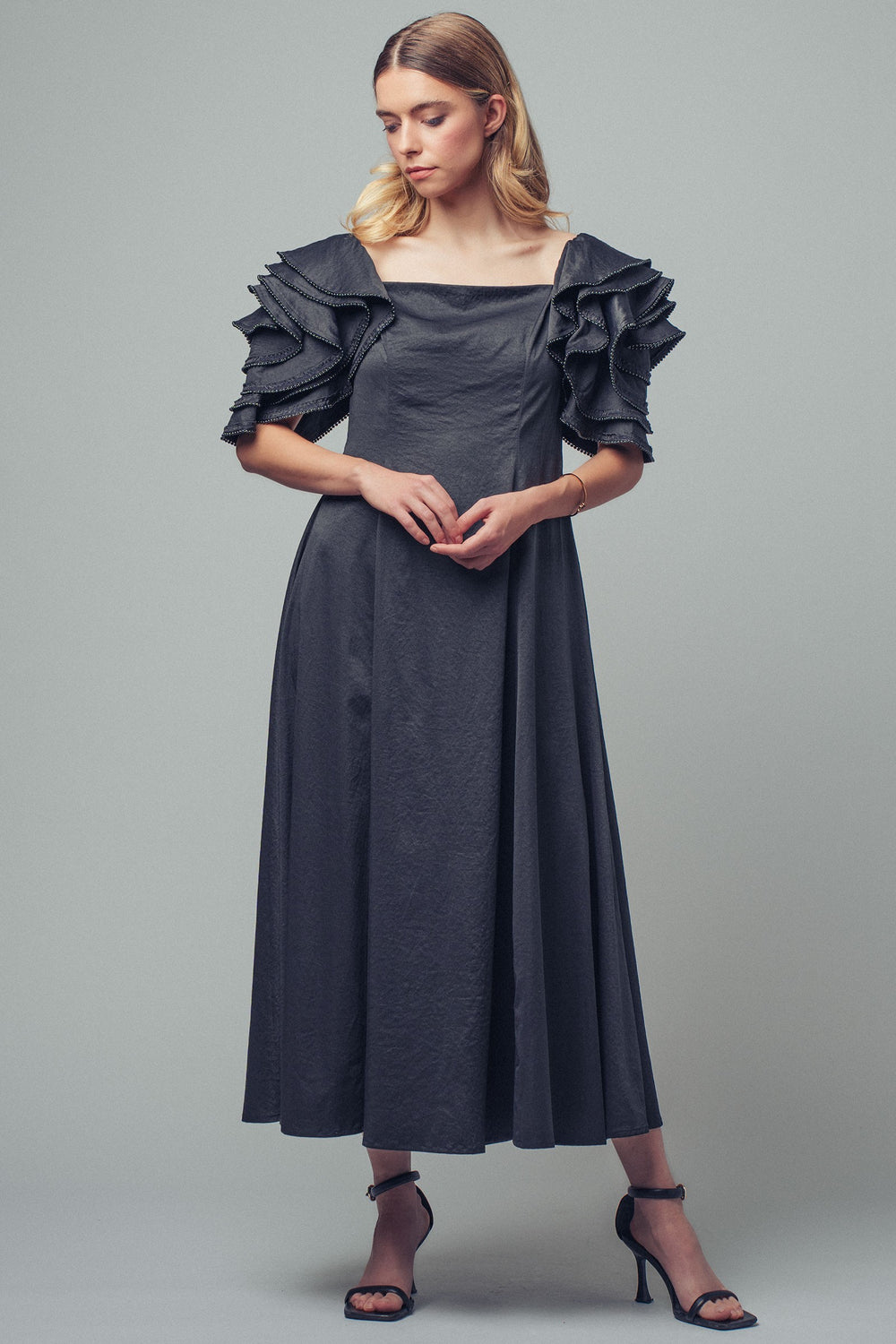 beaded ruffle sleeve slip dress - black
