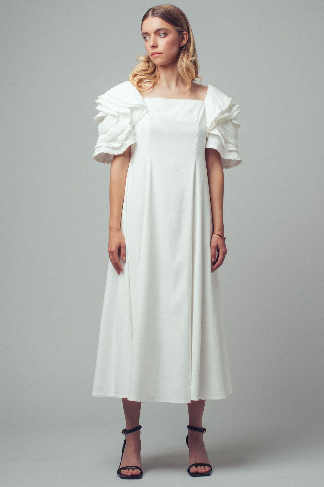 beaded ruffle sleeve slip dress - ivory