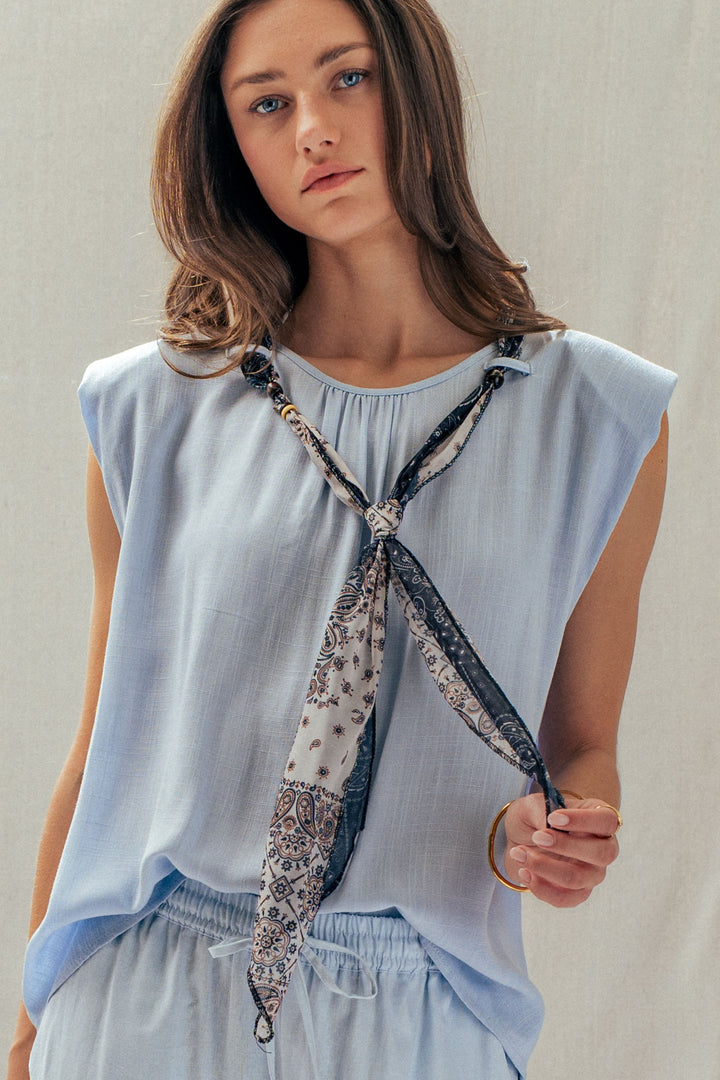 scarf tie sleeveless linen top - blue