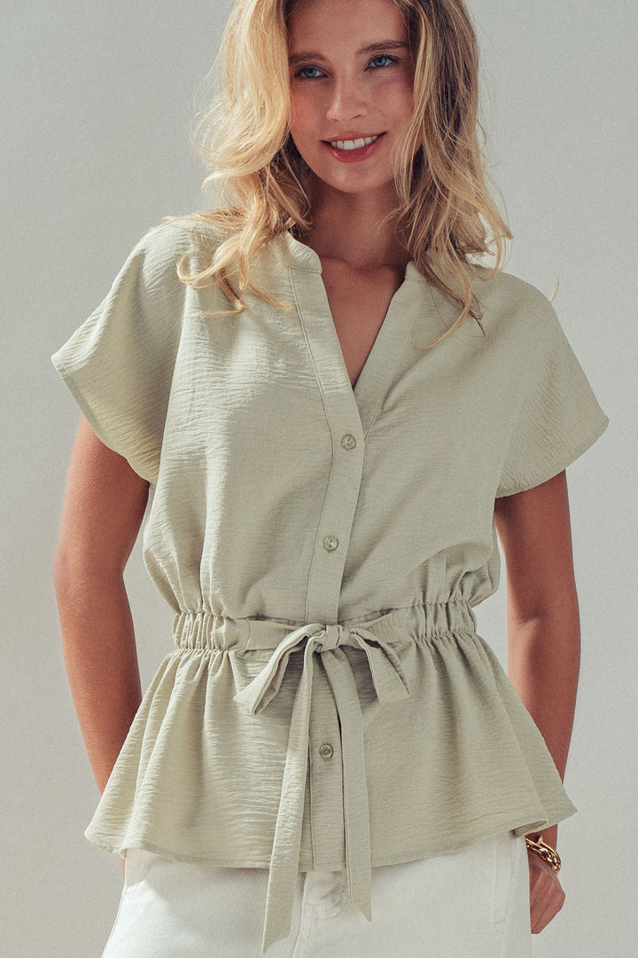 waist short sleeve blouse - sage