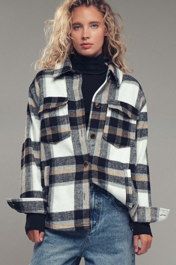 relaxed fit plaid shacket flannel - black
