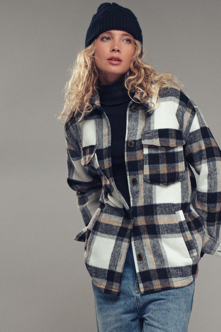 relaxed fit plaid shacket flannel - black (additional view)