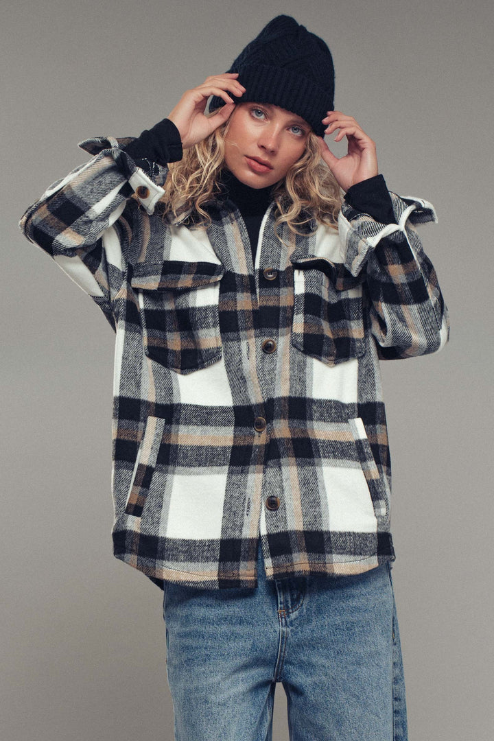 relaxed fit plaid shacket flannel - black (additional view)