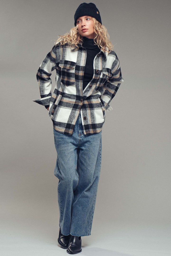 relaxed fit plaid shacket flannel - black (additional view)