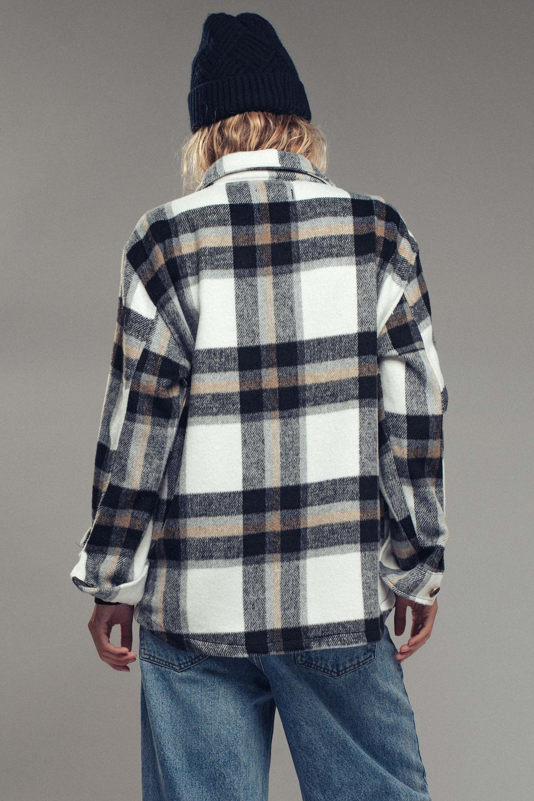 relaxed fit plaid shacket flannel - black (additional view)