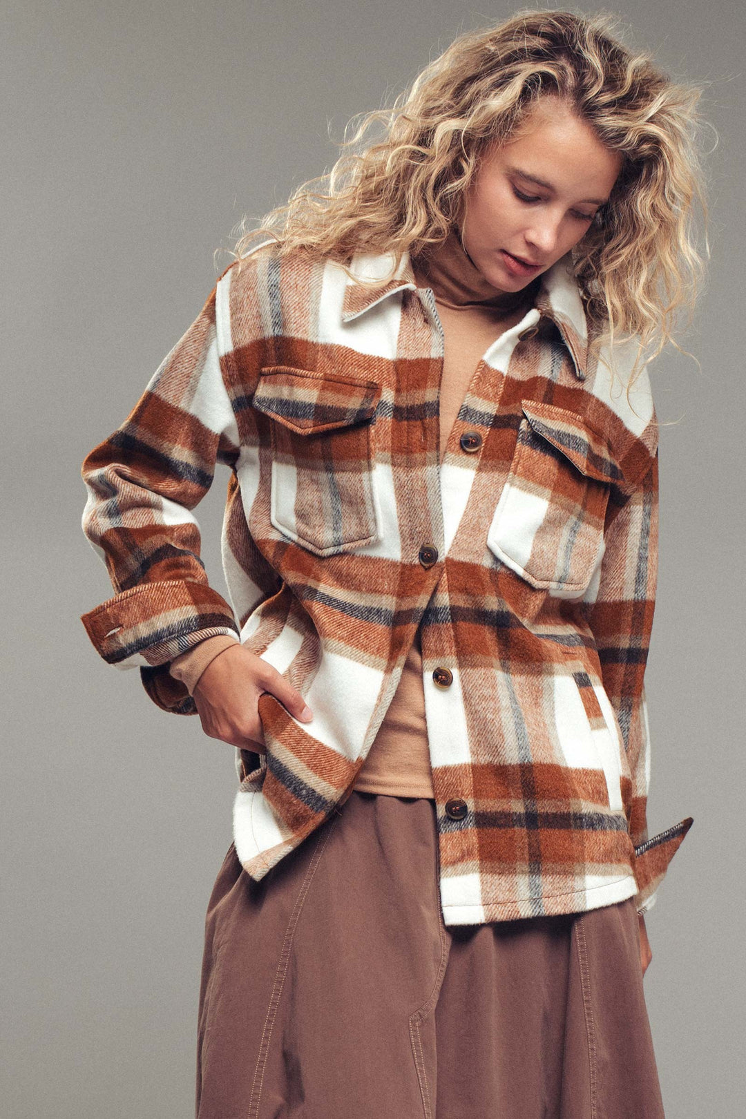 relaxed fit plaid shacket flannel - clay (additional view)