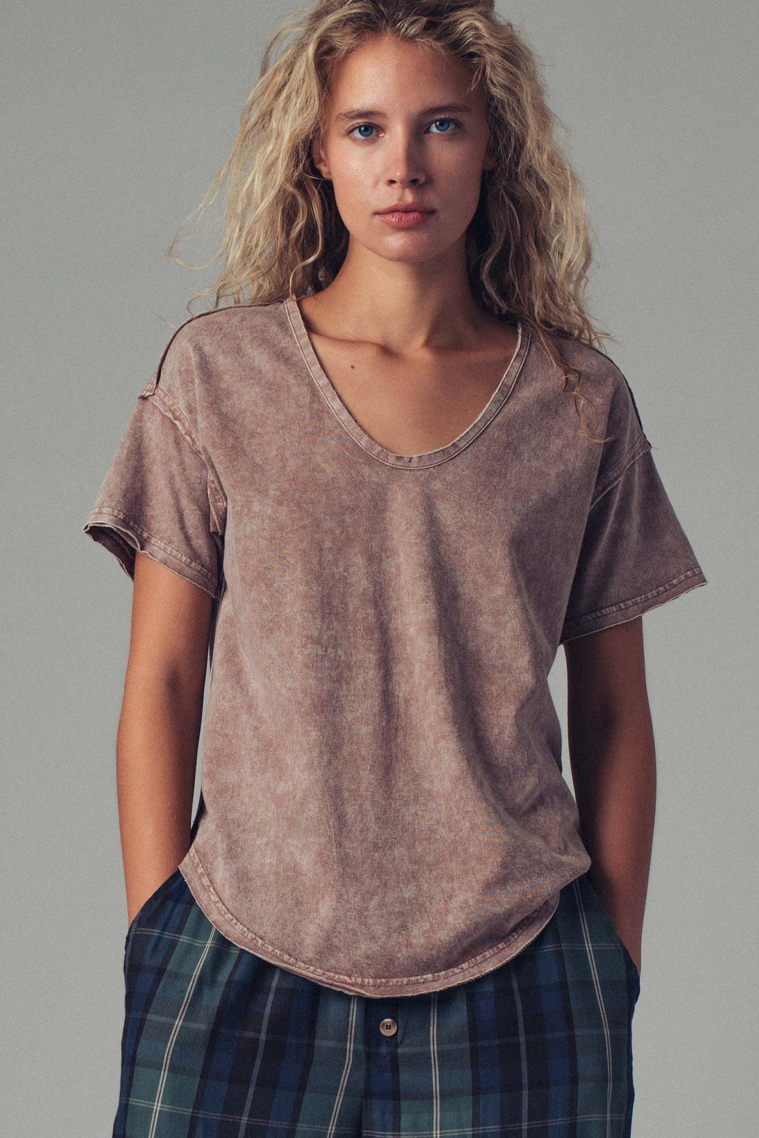 relaxed boho raw edge cotton top - cocoa