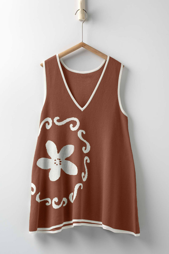 boho floral knit sleeveless casual top - brown