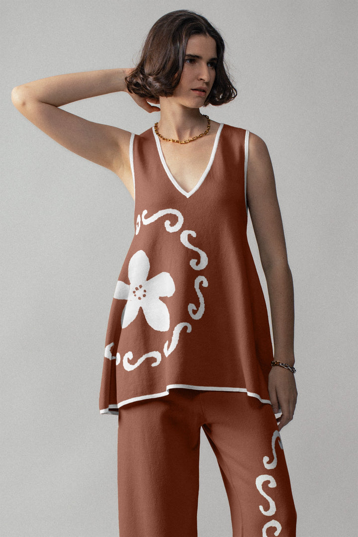 boho floral knit sleeveless casual top - brown (additional view)