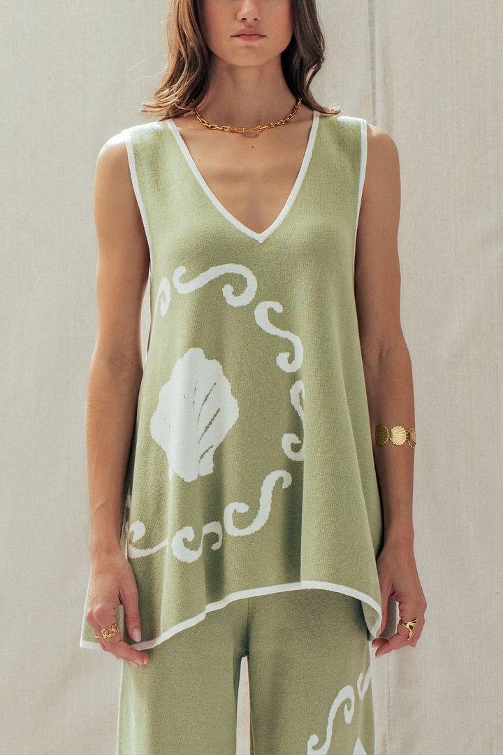 boho floral knit sleeveless casual top - sage (additional view)