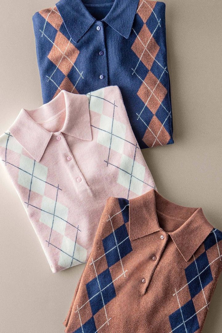 premium preppy argyle knit polo sweater - default