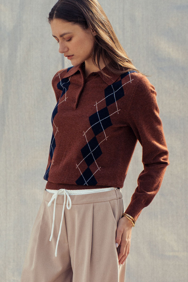 premium preppy argyle knit polo sweater - brown