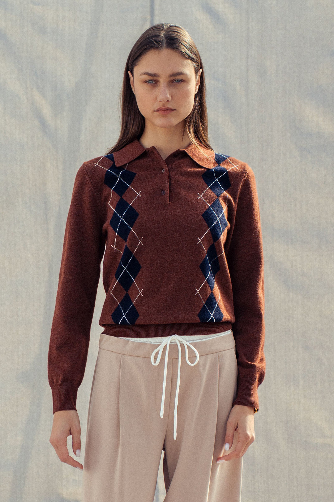 premium preppy argyle knit polo sweater - brown (additional view)