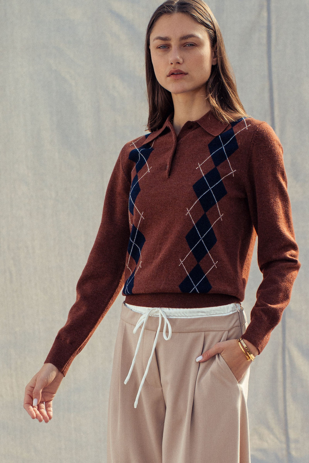 premium preppy argyle knit polo sweater - brown (additional view)