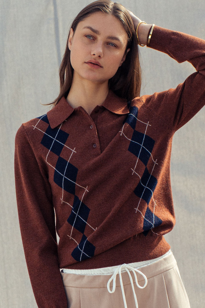 premium preppy argyle knit polo sweater - brown (additional view)