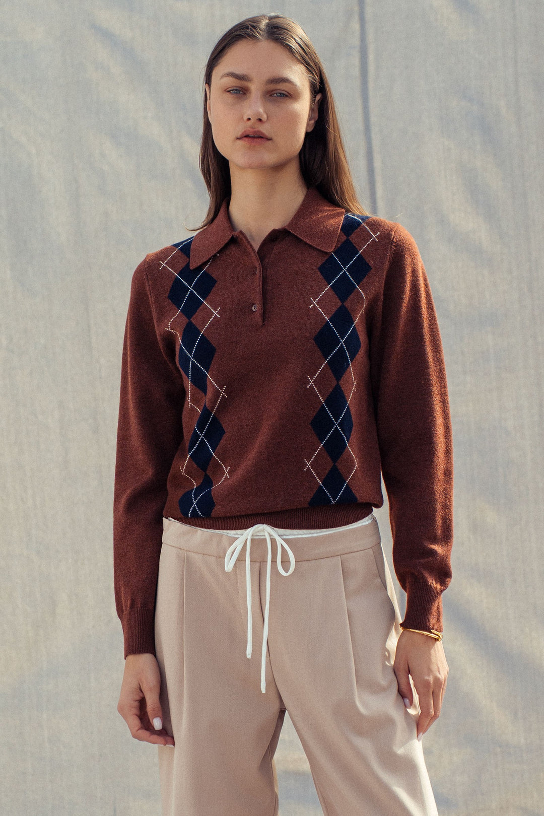 premium preppy argyle knit polo sweater - brown (additional view)