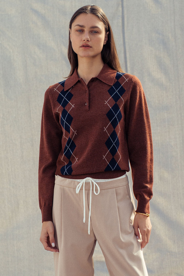 premium preppy argyle knit polo sweater - brown (additional view)