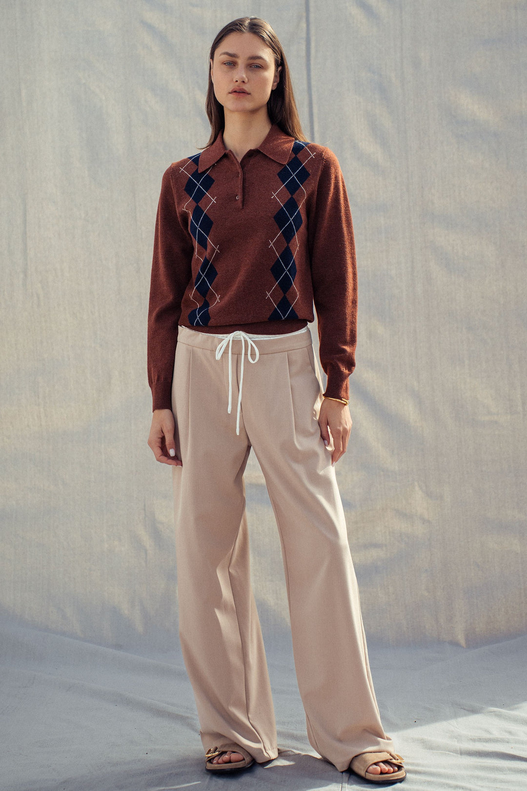 premium preppy argyle knit polo sweater - brown (additional view)