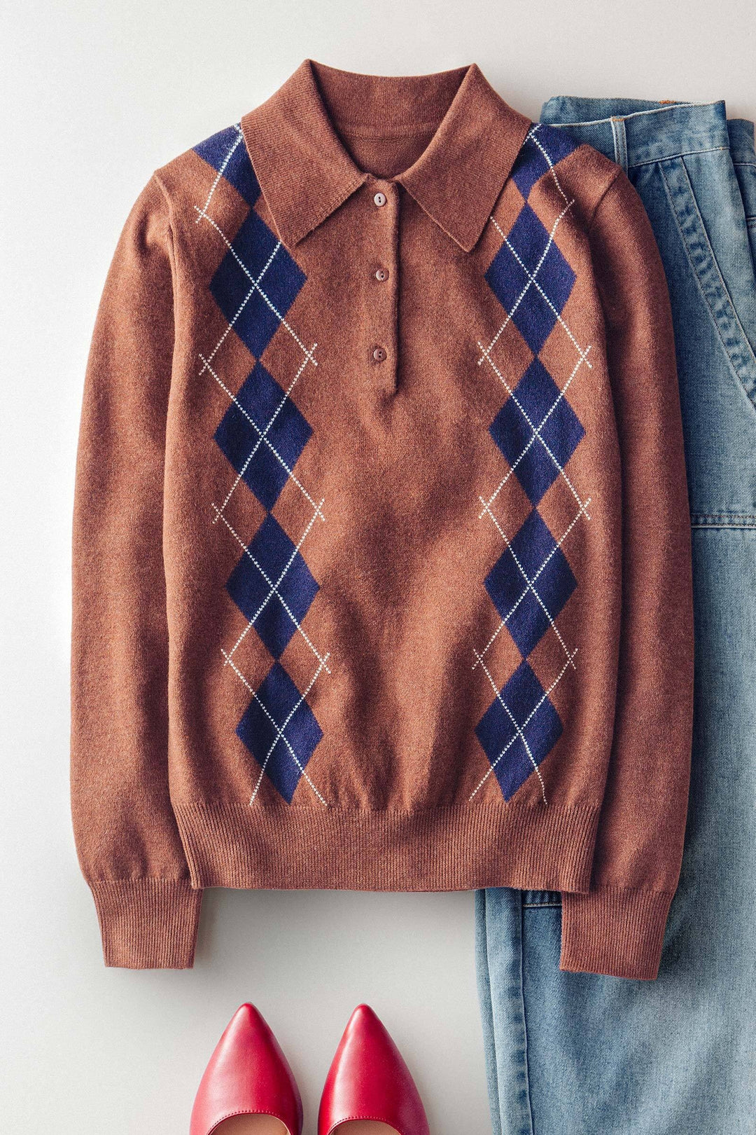 premium preppy argyle knit polo sweater - brown (additional view)